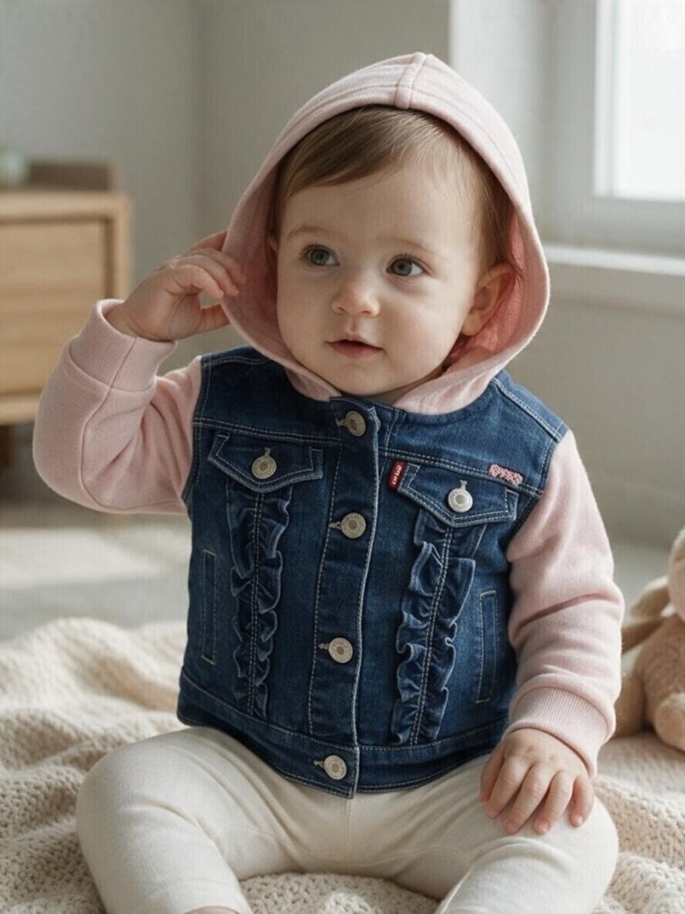 Levi's Denim & Pink Hoodie Ruffle Front Red Tab Jean Jacket size 12 Months